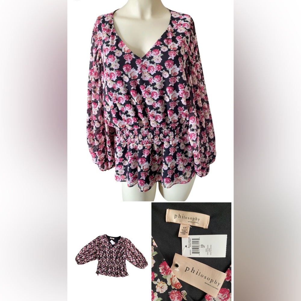 Philosophy Republic Clothing Women Top Blouse Size S/P black ground rose print